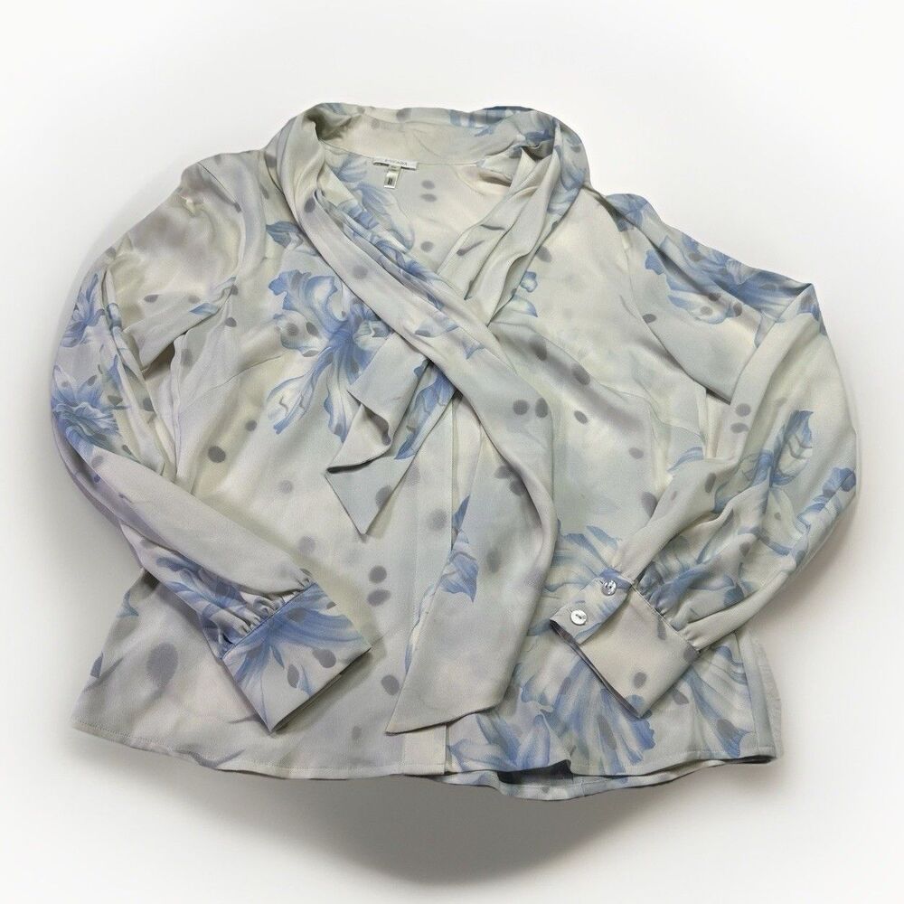 Escada Silk Blouse Tie Neck Ivory Blue Sz M Designer Soft Romantic Old Money